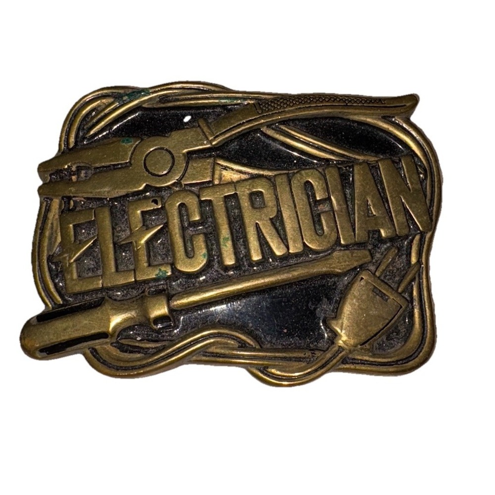 Vtg 1980 Baron Solid Brass Electrician Electrical Workers Belt Buckle‎ Sparky